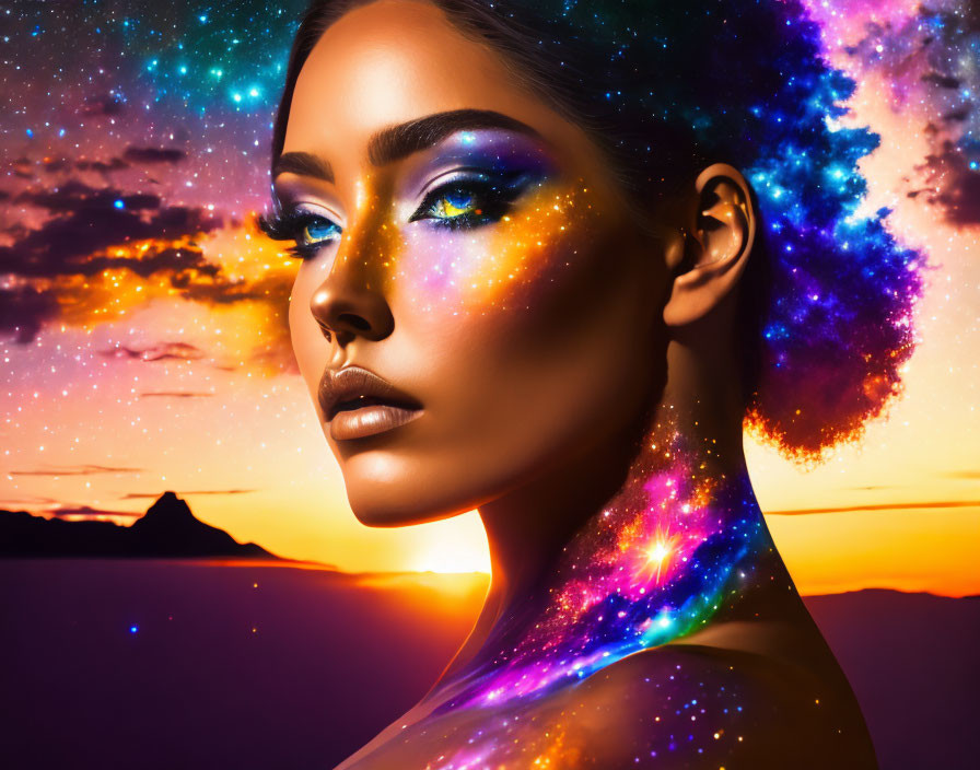 Cosmic-themed makeup blending into space and sunset backdrop