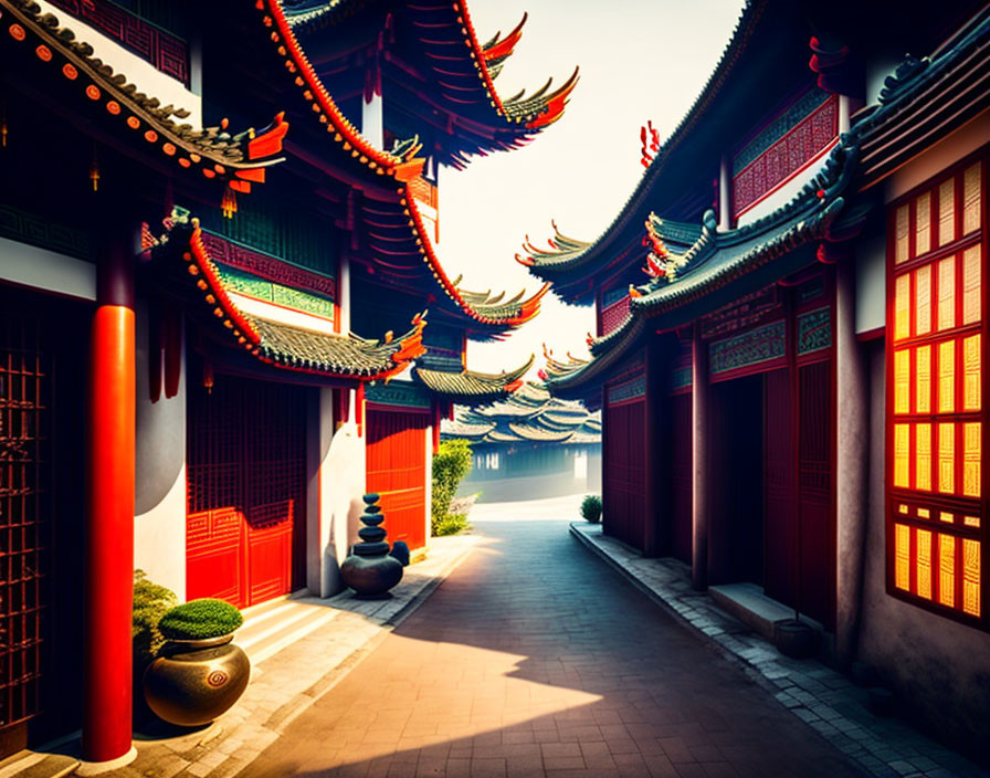 Traditional Chinese Architecture: Red Columns, Ornate Rooftops, Sunlit Courtyard