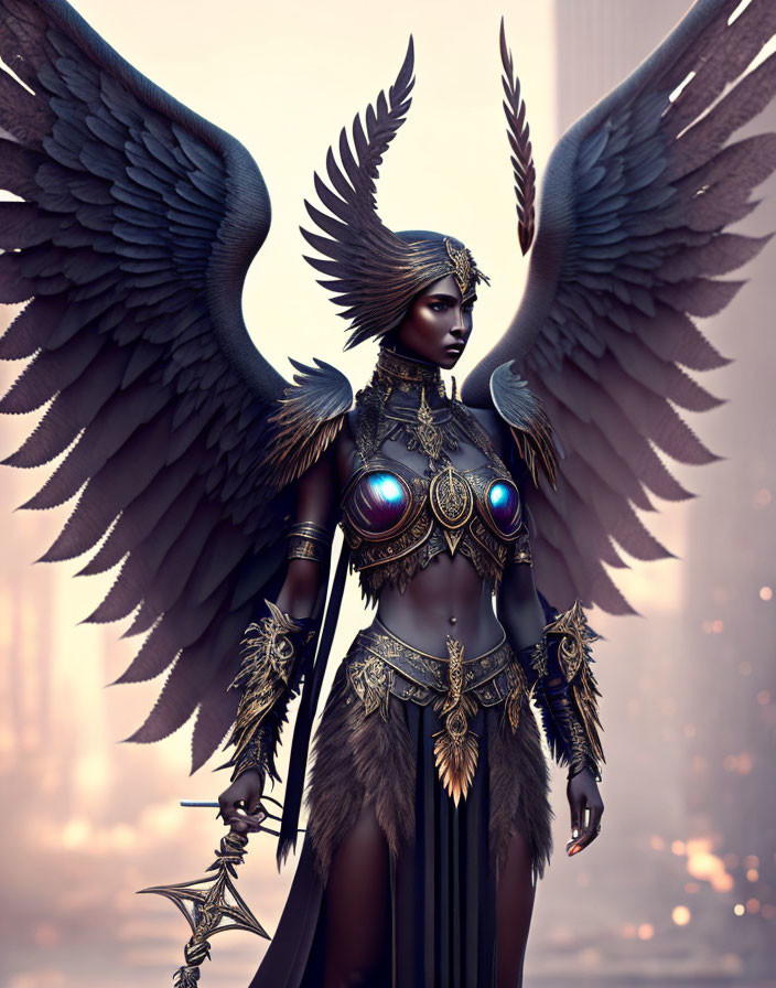 Majestic winged female warrior in elaborate armor against cityscape.