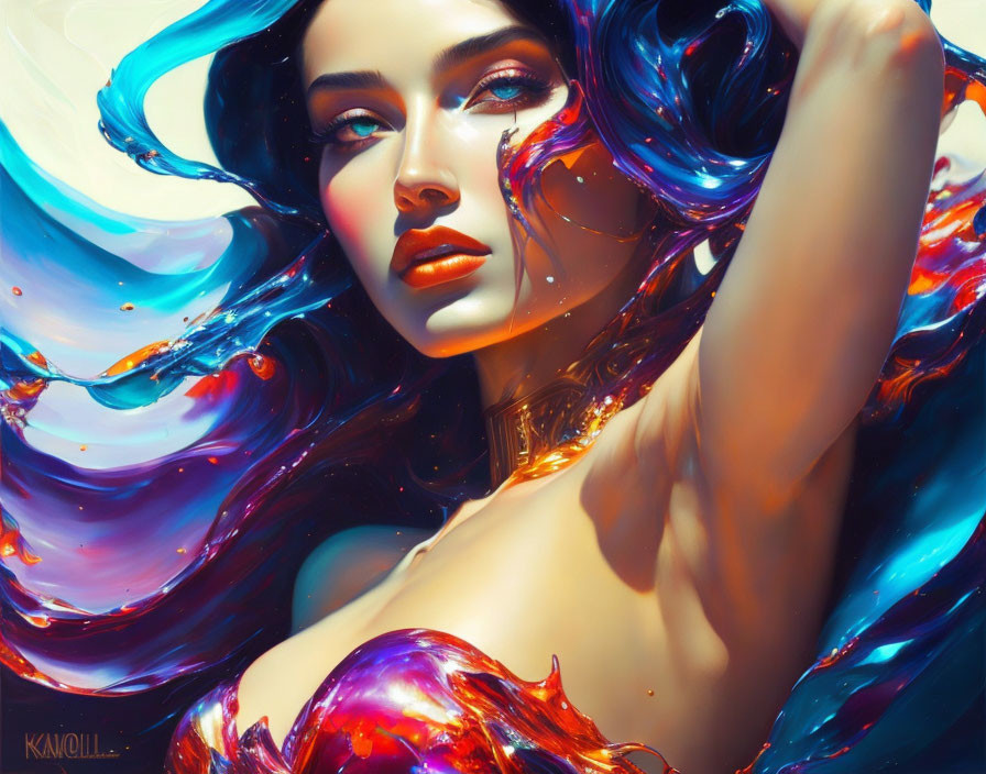 Colorful digital art of woman with flowing hair and abstract liquid forms