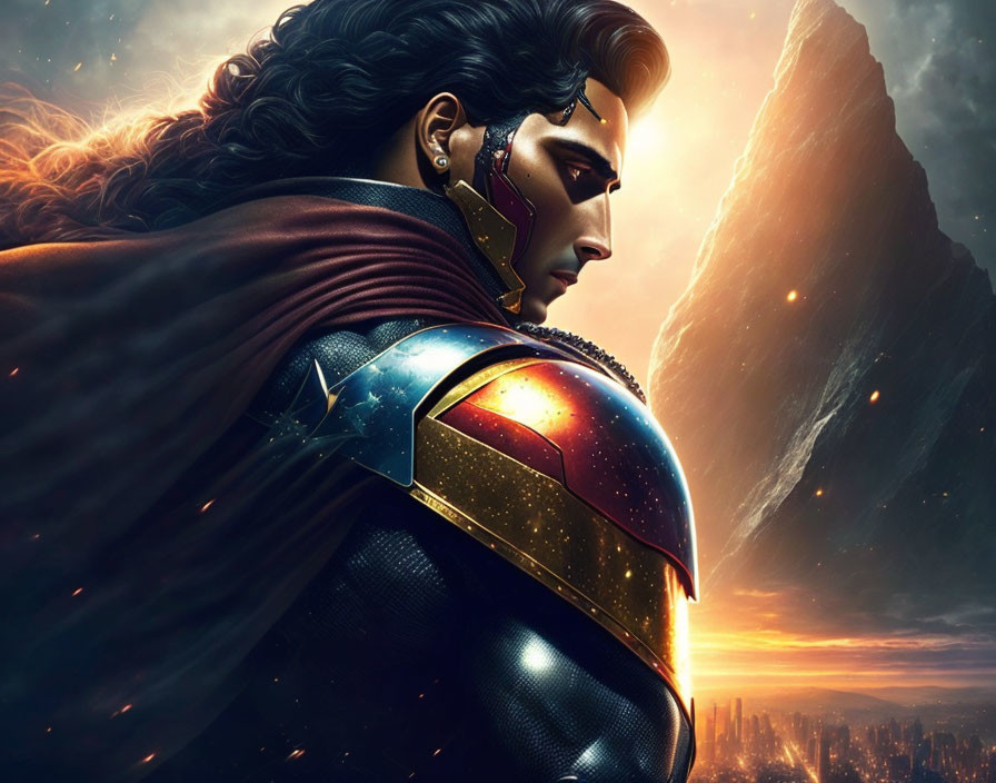 Illustrated superhero in futuristic armor with flowing cape under dramatic sky.
