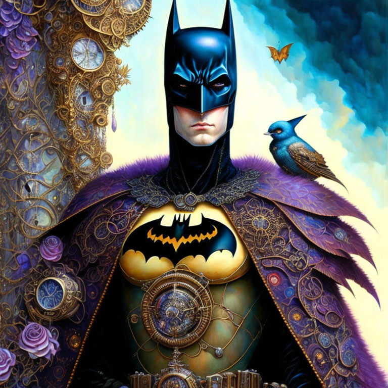 Intricate Batman portrait with golden gear and bluebird on shoulder.