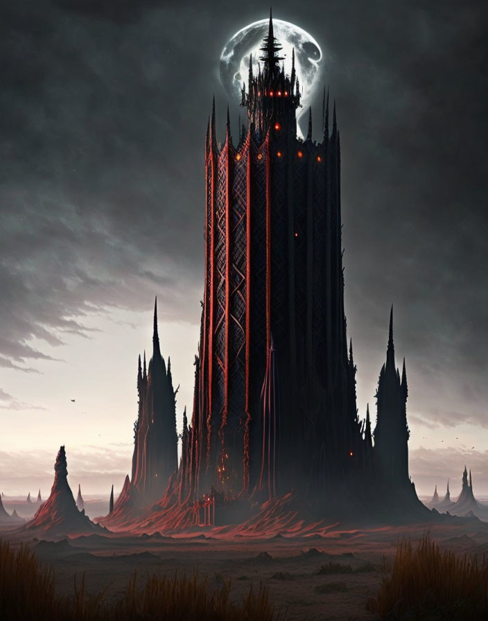 Dark tower under glowing eclipse with sharp spires in dusky landscape