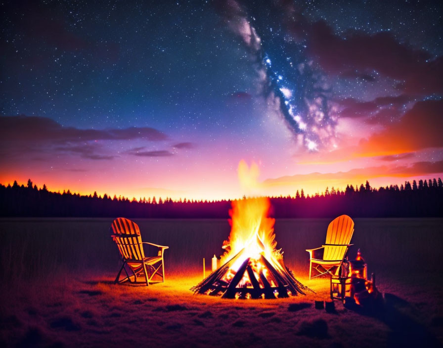 Nighttime campfire scene with chairs under starry sky and dark tree backdrop