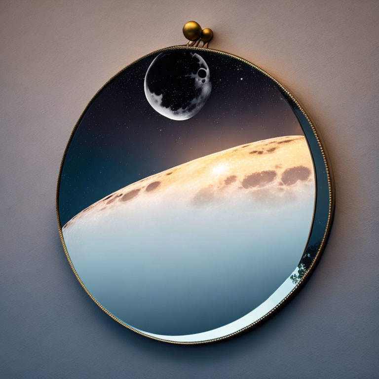 Circular wall mirror reflecting moon surface against starry sky