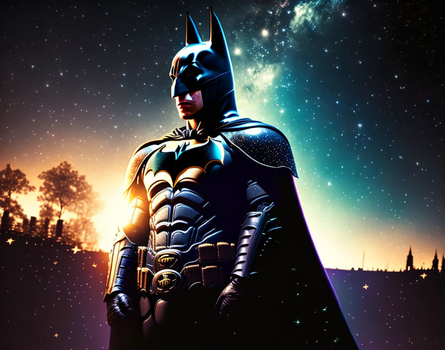 Person in Batman costume under starry sky with trees silhouette