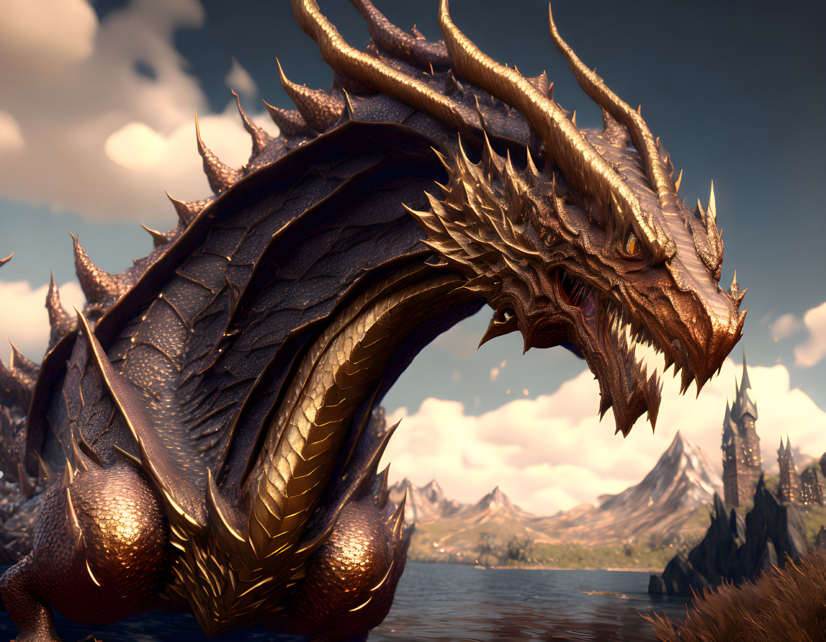 Golden-accented dragon overlooking mountains, castle, and lake under cloudy sky