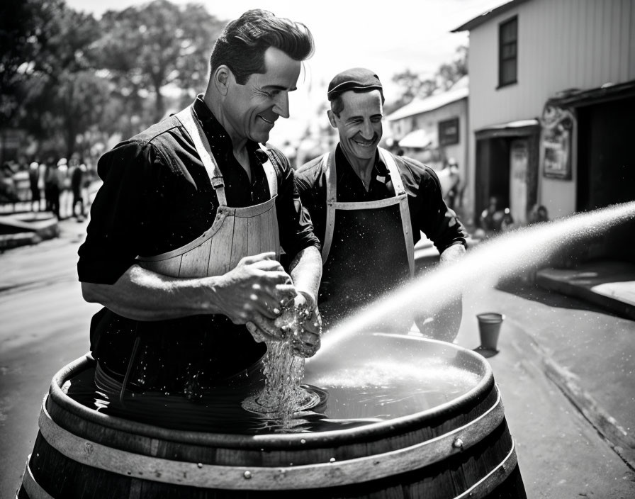 Men in aprons spraying water into barrel on sunny day with bystanders