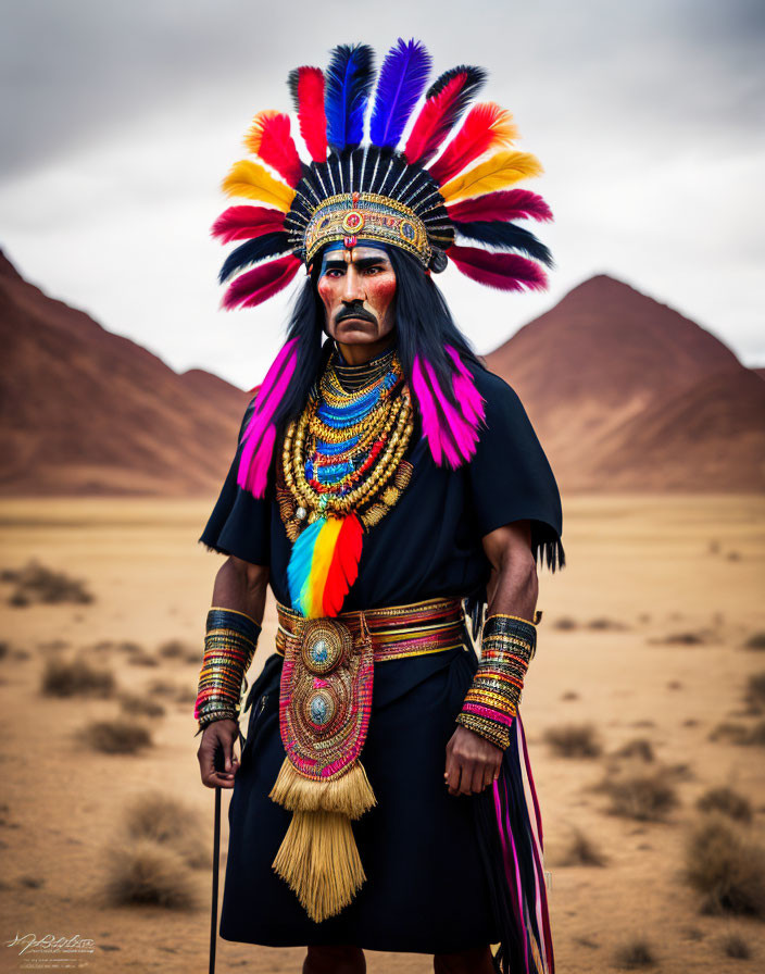 Elaborate Native American headdress in desert landscape