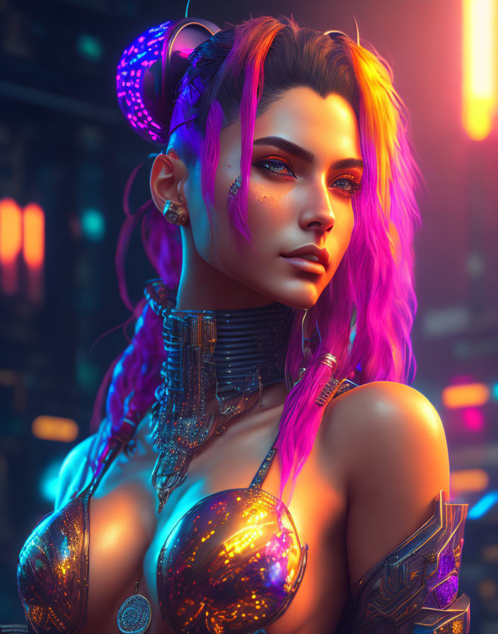 Futuristic woman with neon pink and yellow hair in cybernetic details