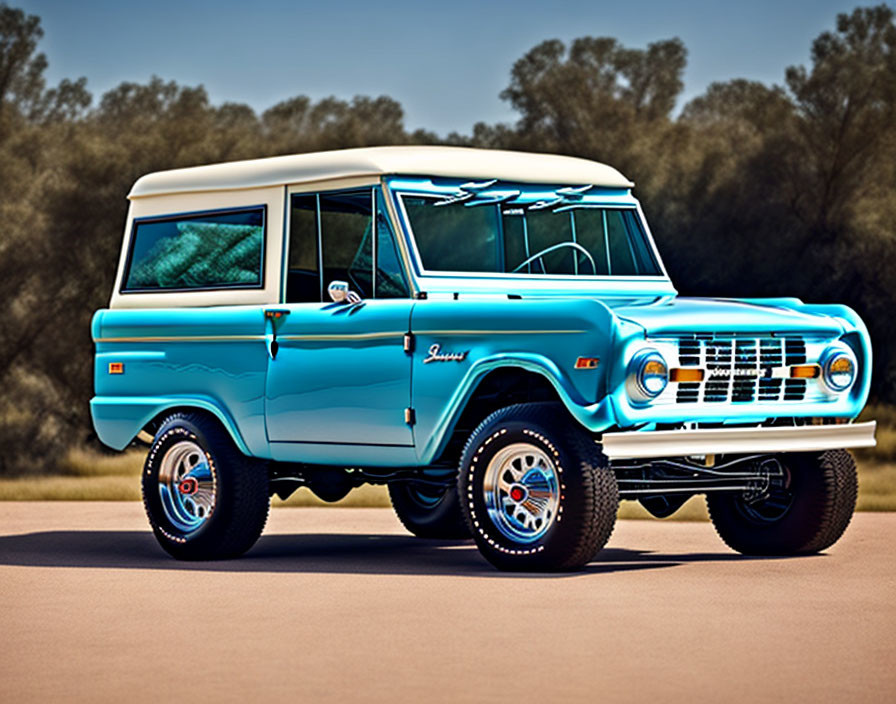 Turquoise and White Ford Bronco with Red Accents on Paved Surface