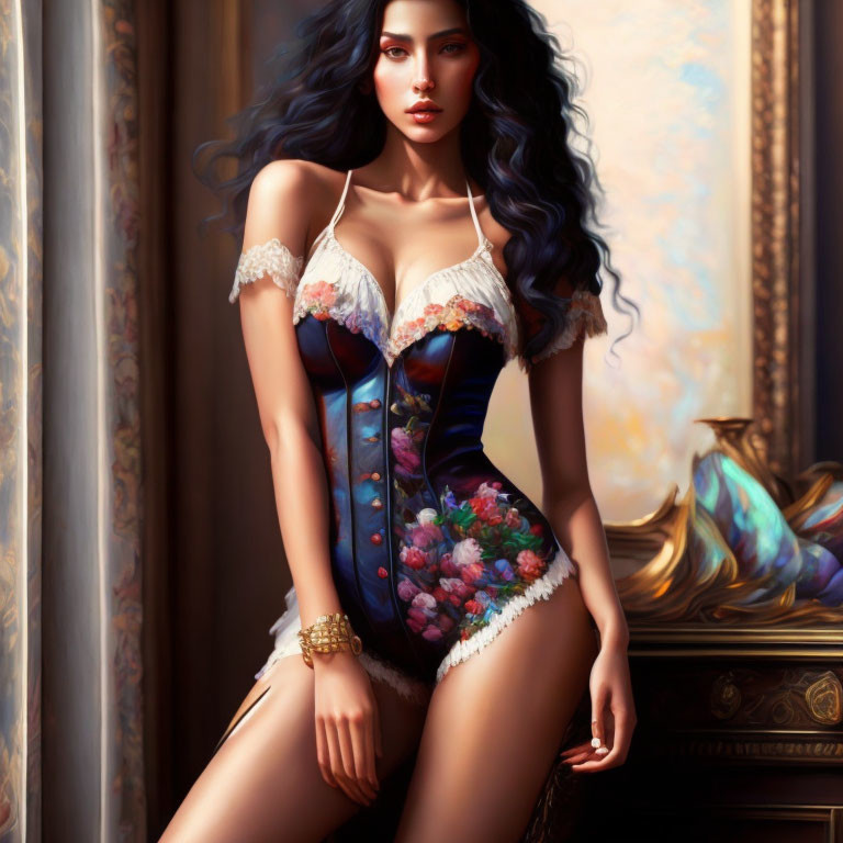 Digital artwork: Woman in lingerie with gold watch in luxurious room