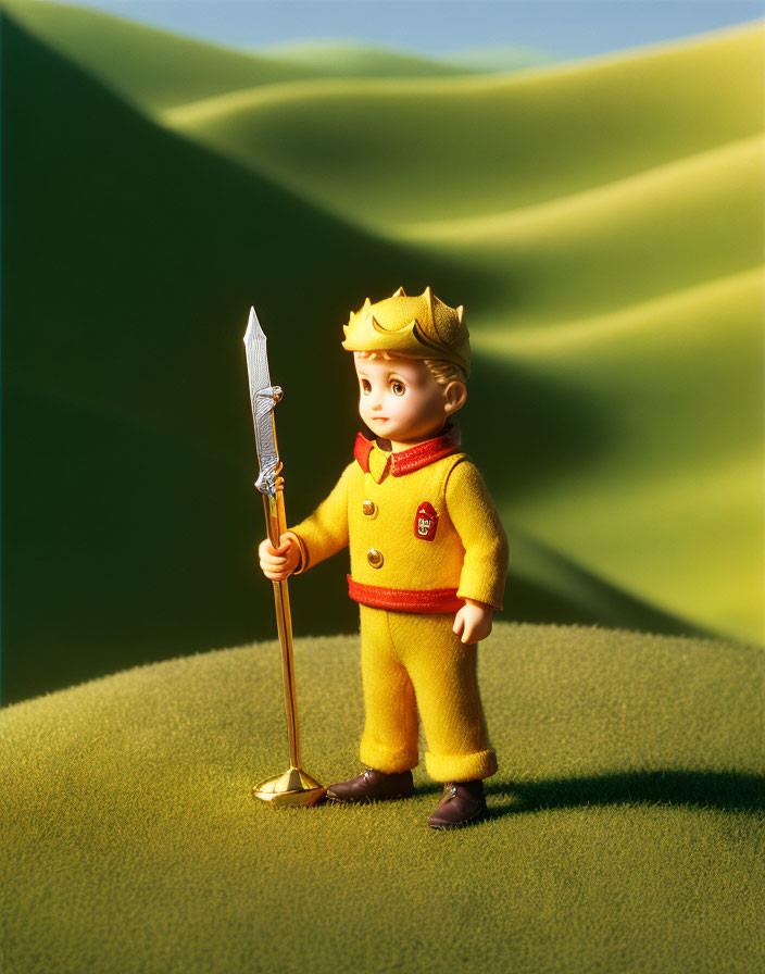 Young prince doll in yellow outfit with scepter on green landscape