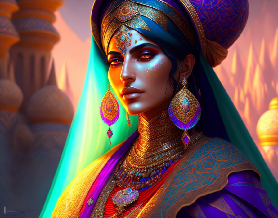 Vibrant traditional attire and jewelry on woman in digital artwork