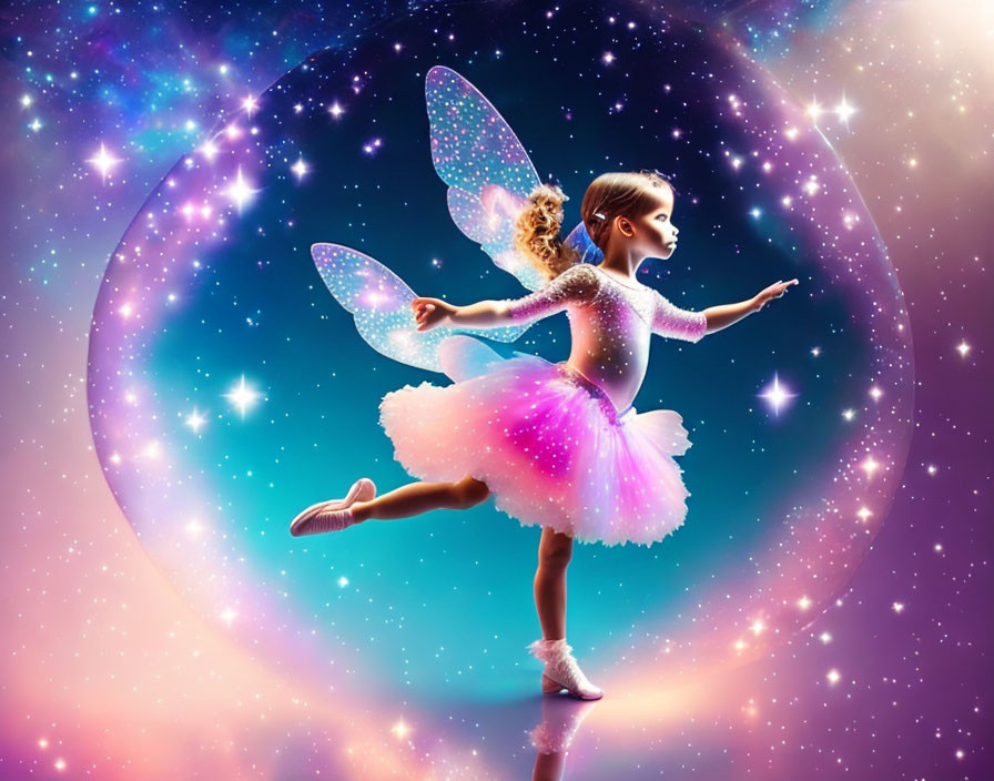 Young girl with fairy wings in pink tutu against cosmic backdrop