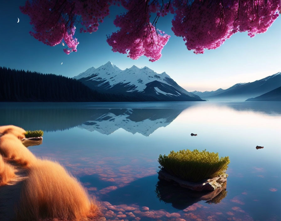 Tranquil lake with mountain reflection and pink blossom, grassy islets, under a clear blue