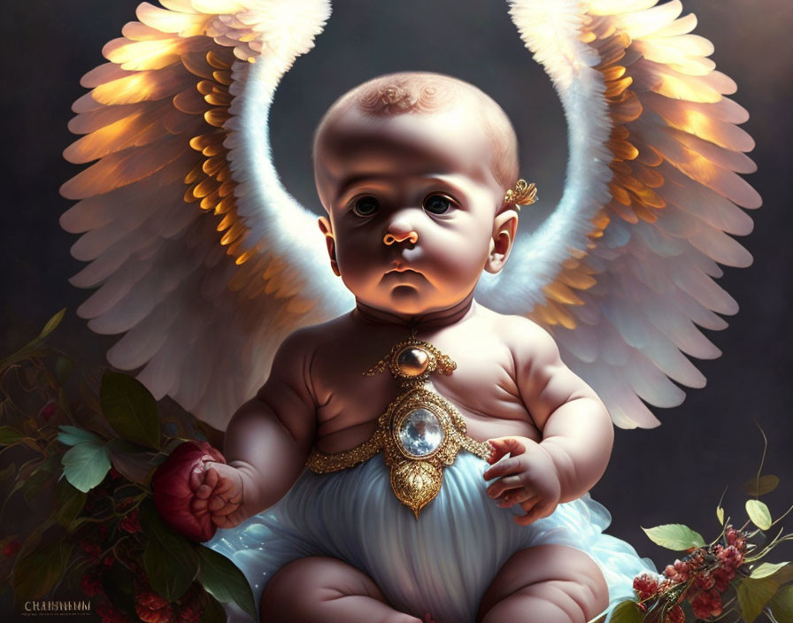 Digital Artwork: Baby with Angelic Wings and Golden Ornaments in Dark Floral Setting