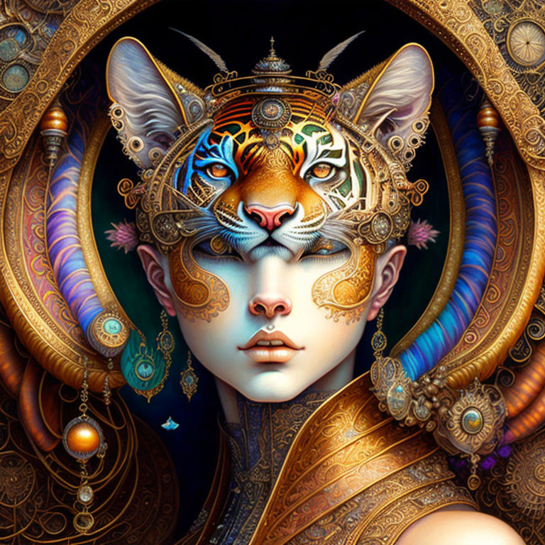 Surreal portrait of human face with feline features and intricate ornaments