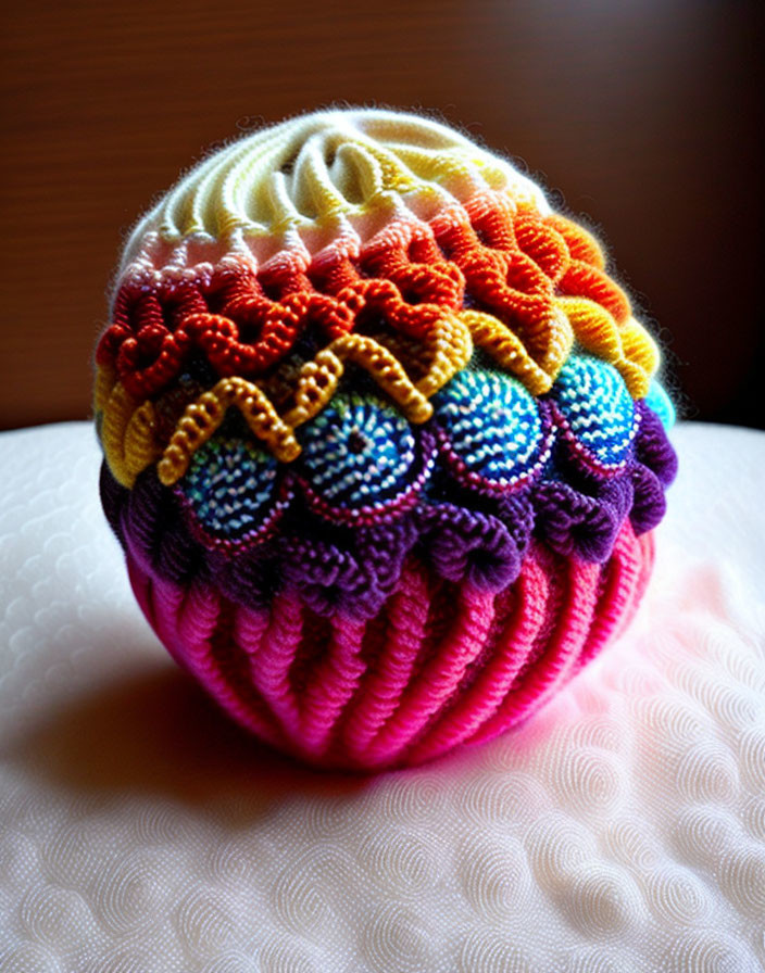 Vibrant Crocheted Pattern on Spherical Object in Purple, Orange, Yellow, Red,