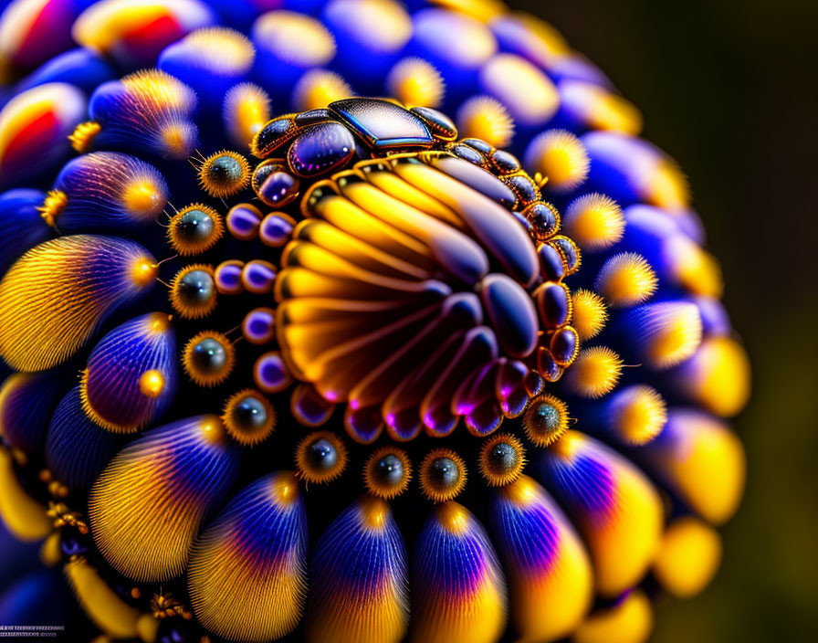 Fractal sphere macro image with intricate blue and gold patterns