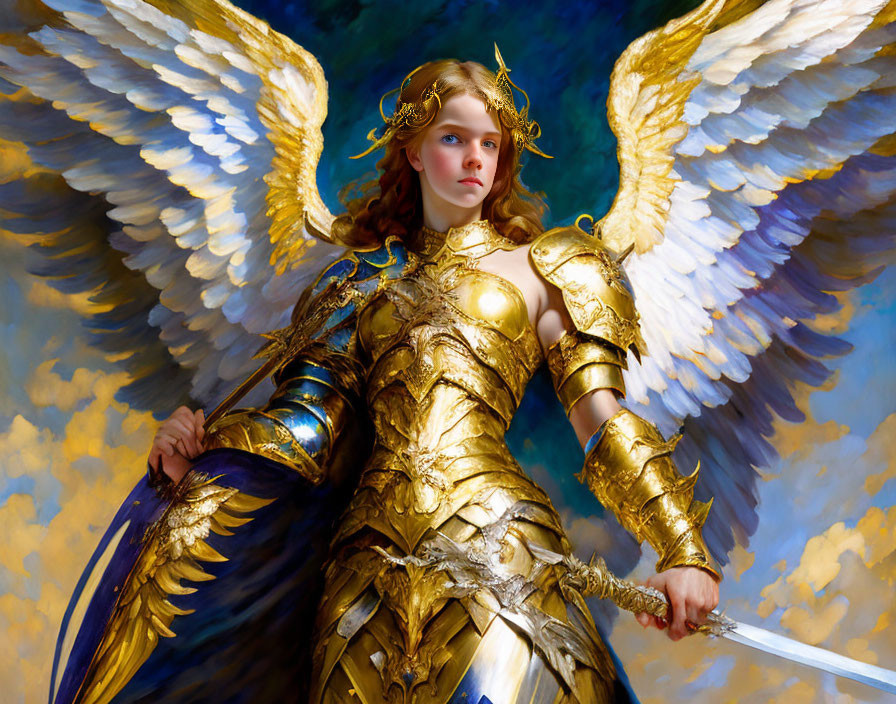 Golden-armored angel with sword and wings in cloudy sky