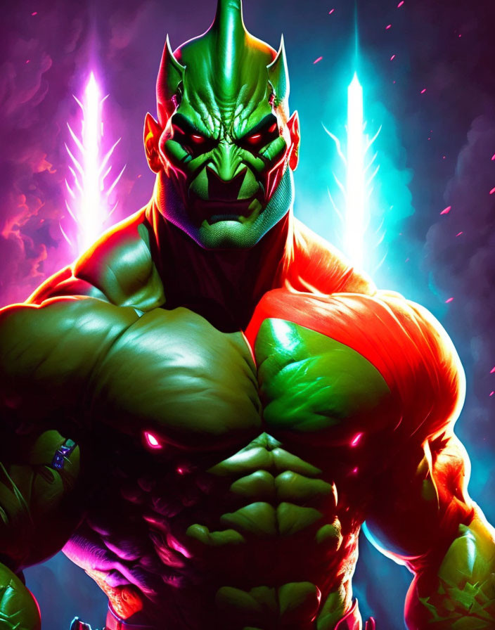 Muscular green-skinned character with pointed ears in front of neon lights