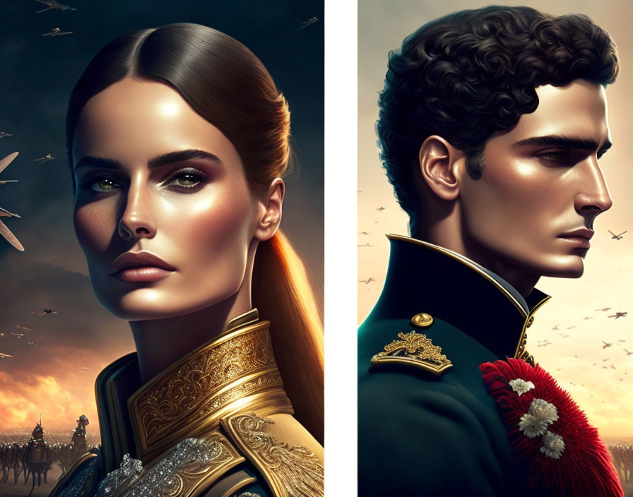 Illustrated portraits of a woman and man in military uniforms with battlefield backdrop.