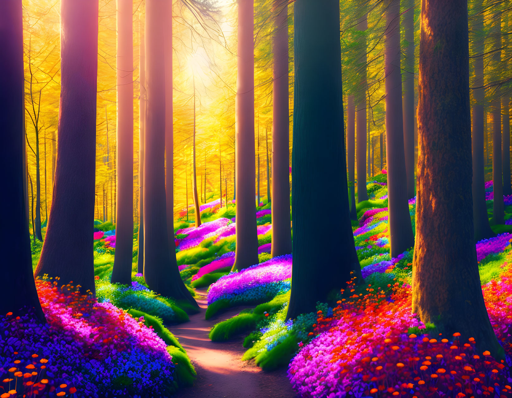 Enchanting forest path with colorful flowers and sunlight filtering through trees