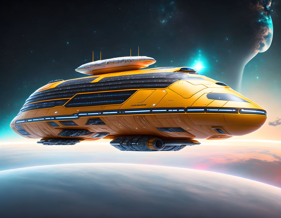 Futuristic orange and yellow spaceship above planet's surface