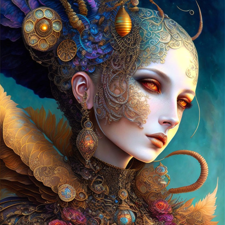 Fantastical steampunk-inspired digital artwork of a woman with golden jewelry and ornate headpiece