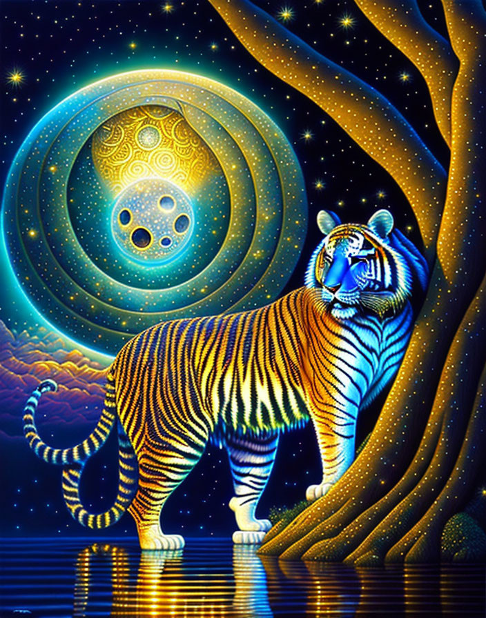 Colorful tiger under starry sky with cosmic tree