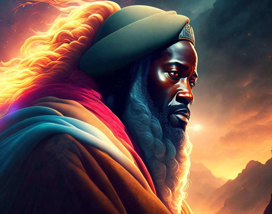 Regal figure with flowing beard in turban and cloak against fiery backdrop