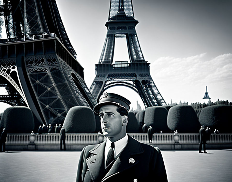 Monochrome image of man in naval uniform at Eiffel Tower