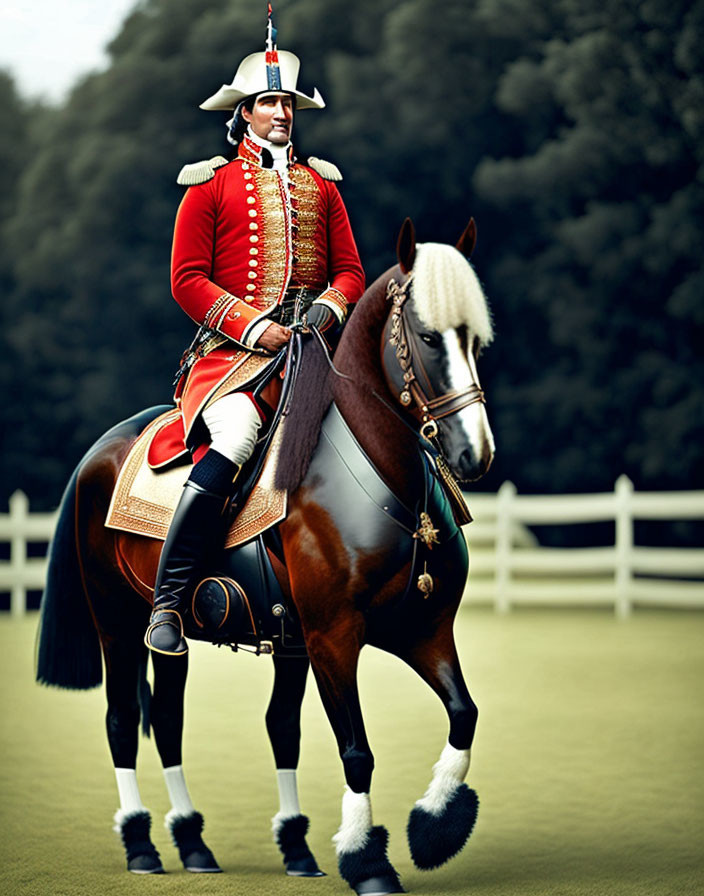 Red Military Uniform Rider on Brown Horse in Green Background