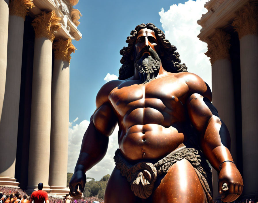 Gigantic bronze statue with classical columns and spectators under clear sky