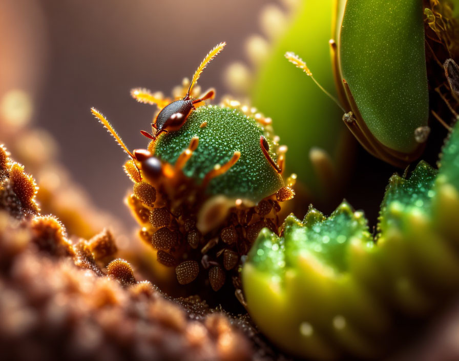 Macro photograph of dew-covered ant on textured green plant with soft background