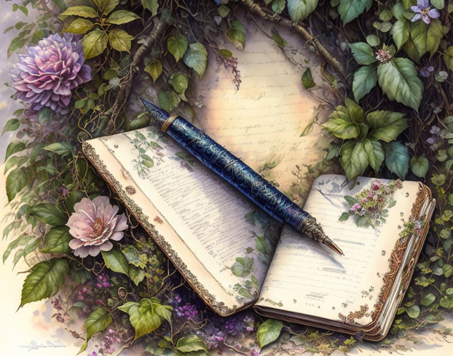 Elegant handwriting in open journal with blue feather quill among blooming flowers