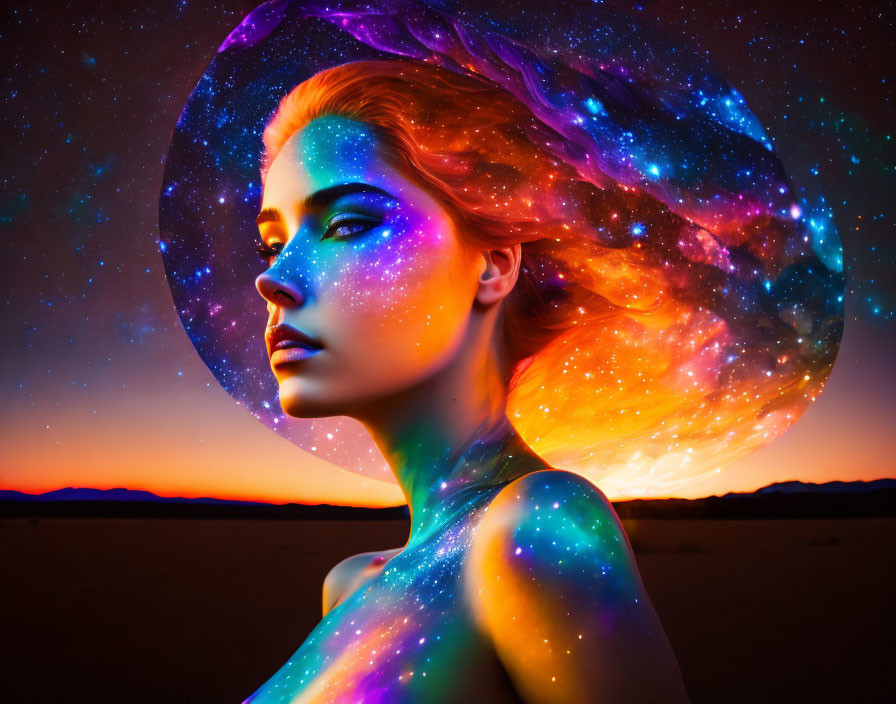 Digital artwork: Woman with cosmic body paint in desert twilight