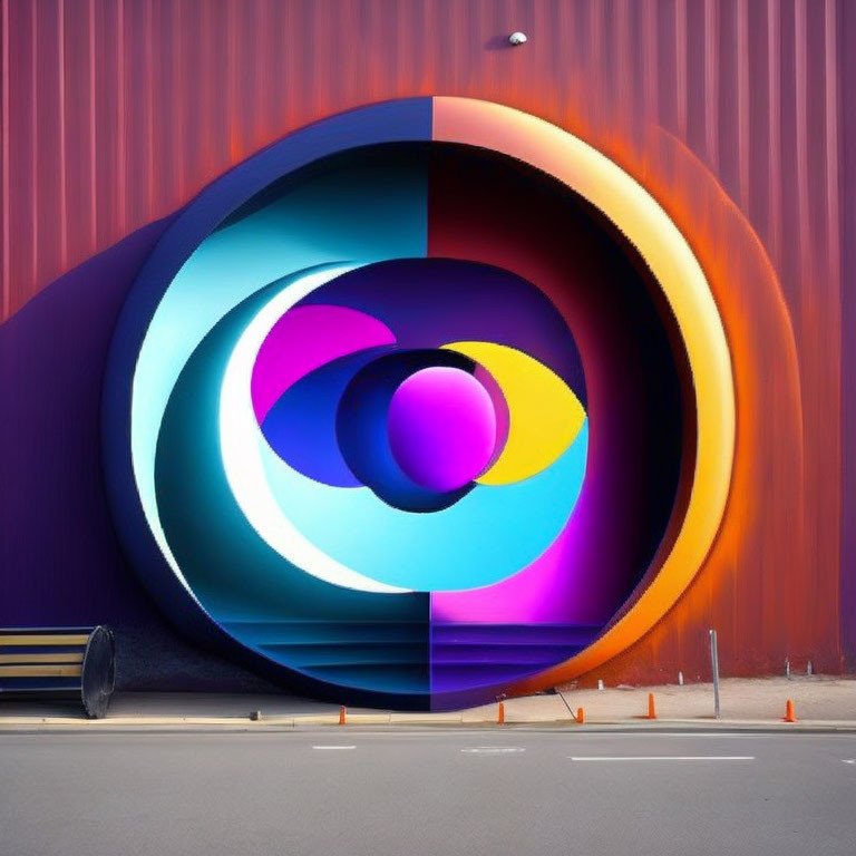 Colorful abstract mural on cylindrical structure near orange metal wall and traffic cones