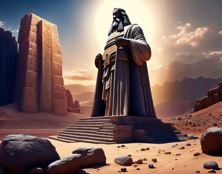 Gigantic bearded statue between stone tablets in desert landscape