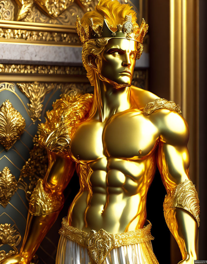 Golden statue of regal man in laurel crown and ornate armor against decorative background