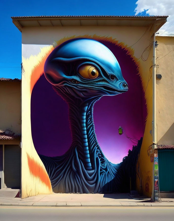 Colorful Alien Mural on Urban Building with Purple Background