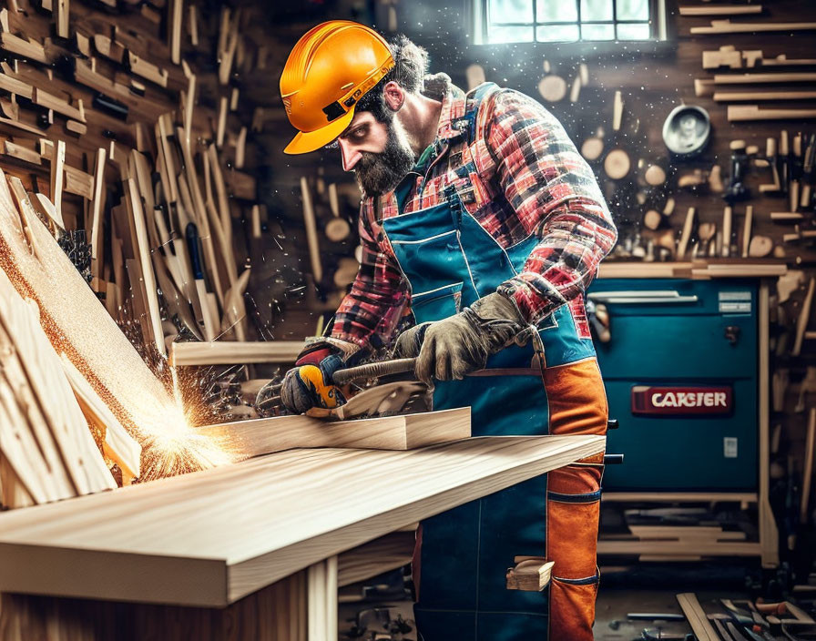 Bearded worker using angle grinder on wood in workshop