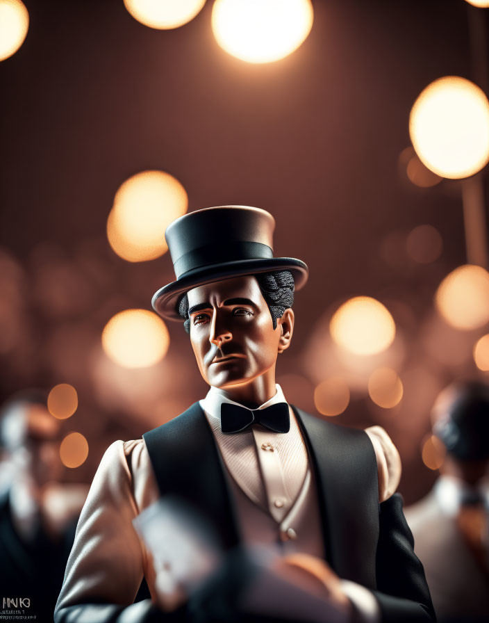 Elegant man figure in suit with top hat and bow tie on warm bokeh background