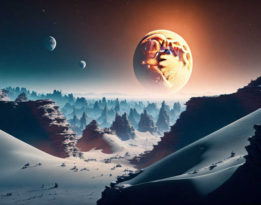 Surreal landscape with large moon over snowy hills and pine trees