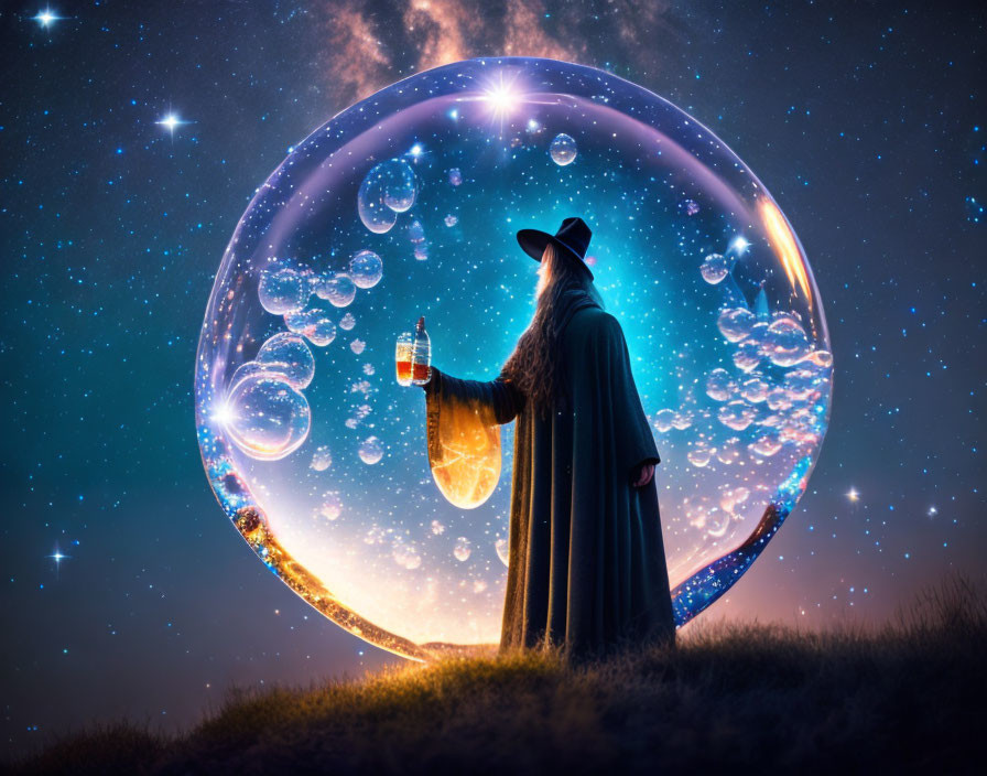 Cloaked Figure with Lantern in Starry Bubble Scene