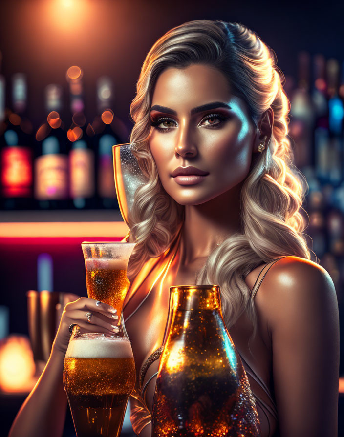 Elegant woman with beer glass in bar setting