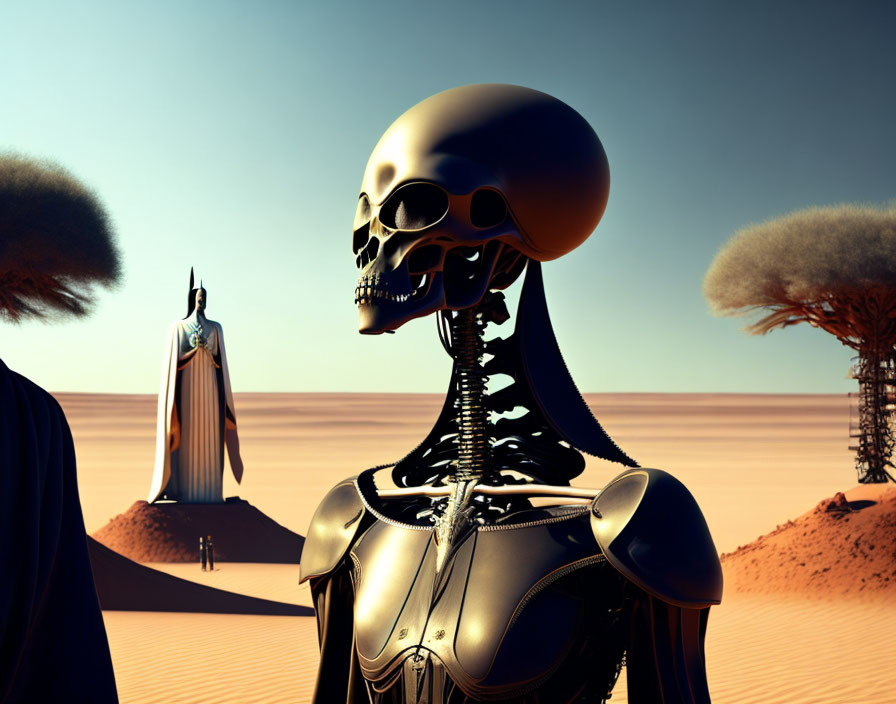 Futuristic robotic skeleton in desert with acacia trees and cloaked figure