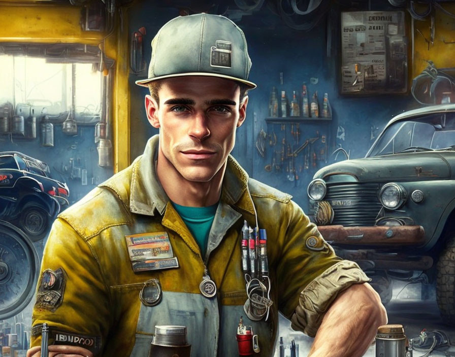 Mechanic in greasy uniform with tools in workshop and vintage cars.