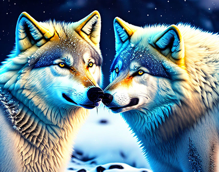 Illustration of Two Wolves Nuzzling Under Starry Night Sky